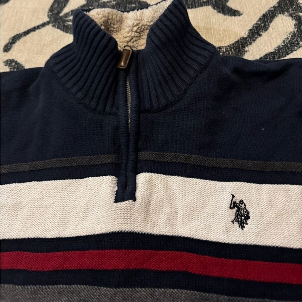 US Polo Assn Navy Blue Quarter Zip Striped‎ Sweater Sherpa Collar Large L (1095)